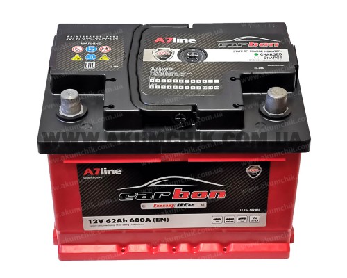 Акумулятор автомобільний 62Ah-12V Carbon (242х175х175), R, EN600 низький