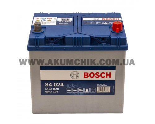 Акумулятор автомобільний 60Ah-12v Bosch S4024 Asia (232х173х225), R, EN540