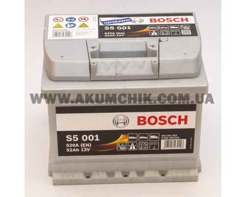 Акумулятор автомобільний 52Ah-12v Bosch S5001 (207х175х175), R, EN520 1375