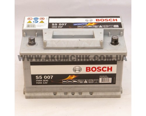 Акумулятор автомобільний 74Ah-12v Bosch S5007 (278х175х175) низький, R, EN750