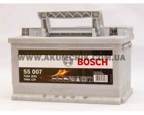 Акумулятор автомобільний 74Ah-12v Bosch S5007 (278х175х175) низький, R, EN750