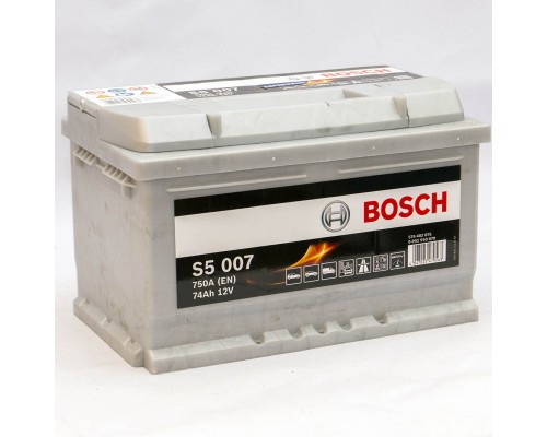 Аккумулятор автомобильный 74Ah-12v Bosch S5007 (278х175х175) низкий, R, EN750