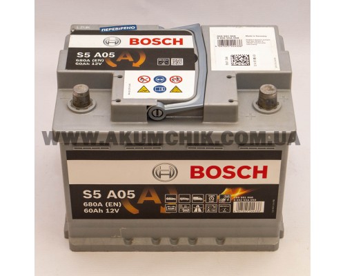 Акумулятор автомобільний 60Ah-12v Bosch AGM S5A05 (242х175х190) Start Stop, R, EN680