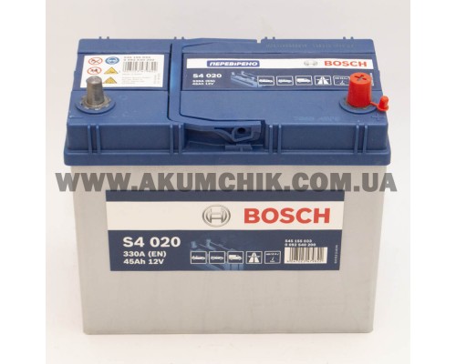 Аккумулятор автомобильный 45Ah-12v Bosch S4020 Asia (238х129х227) тонкие клеммы, R, EN330