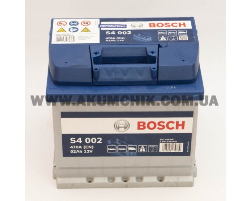 Акумулятор автомобільний 52Ah-12v Bosch S4002 (207х175х190), R, EN470