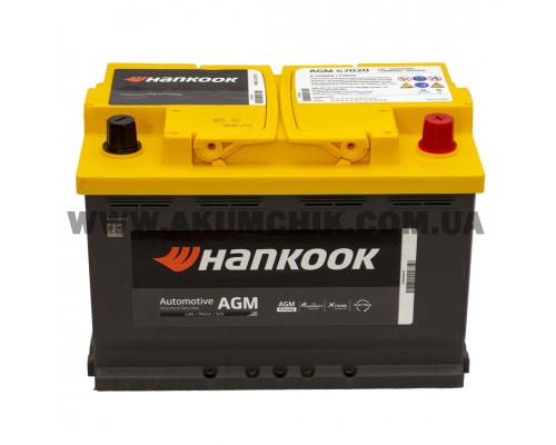 Акумулятор автомобільний 70Ah-12v Hankook AGM 5720 (278х175х190) Start Stop, R, EN760  0194
