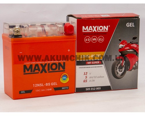 Акумулятор мотоциклетний 5Ah-12v Maxion 12N5L-BS (120х60х130) GEL, R, EN65 1102