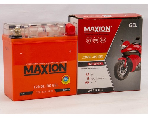 Акумулятор мотоциклетний 5Ah-12v Maxion 12N5L-BS (120х60х130) GEL, R, EN65 1102