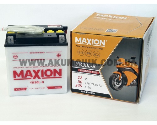 Акумулятор мотоциклетний 30Ah-12v Maxion YB30L-B (150х87х105) кислотний, R, EN345 2181