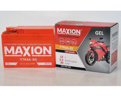 Акумулятор мотоциклетний 2,3Ah-12v Maxion YTR4A-BS (113х48х85) GEL, EN30 1596