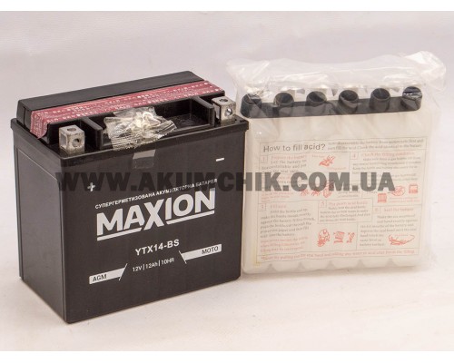 Акумулятор мотоциклетний 12Ah-12v Maxion YTX14-BS (150х87х145) AGM сухозаряджений, L, EN200 2576