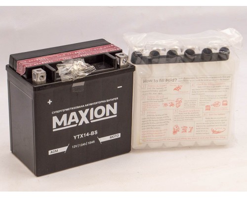 Акумулятор мотоциклетний 12Ah-12v Maxion YTX14-BS (150х87х145) AGM сухозаряджений, L, EN200 2576