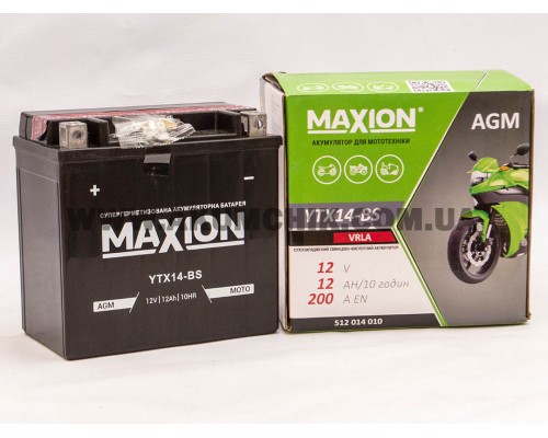 Акумулятор мотоциклетний 12Ah-12v Maxion YTX14-BS (150х87х145) AGM сухозаряджений, L, EN200 2576