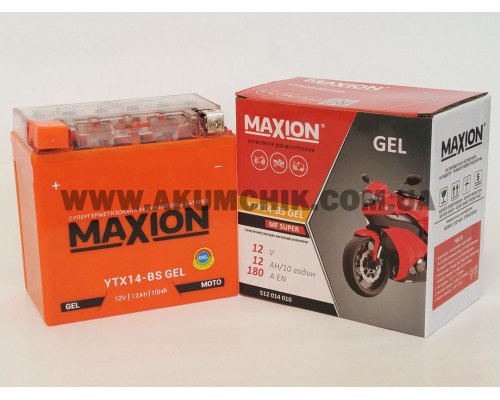 Акумулятор мотоциклетний 12Ah-12v Maxion YTX14-BS (150х87х145) GEL, L, EN180 2182