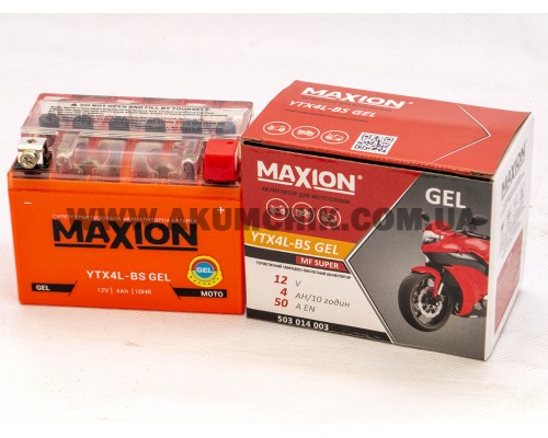 Акумулятор мотоциклетний 4Ah-12v Maxion YTX4L-BS (113х70х85) GEL, R, EN50 1580