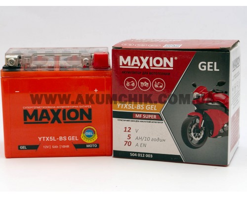 Акумулятор мотоциклетний 5Ah-12v Maxion YTX5L-BS (113х70х105) GEL, R, EN70 16231