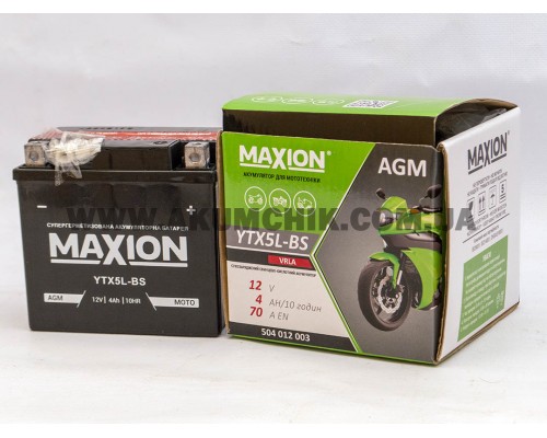 Акумулятор мотоциклетний 4Ah-12v Maxion YT5L-BS (113х70х105) AGM сухозаряджений, R, EN70 1623