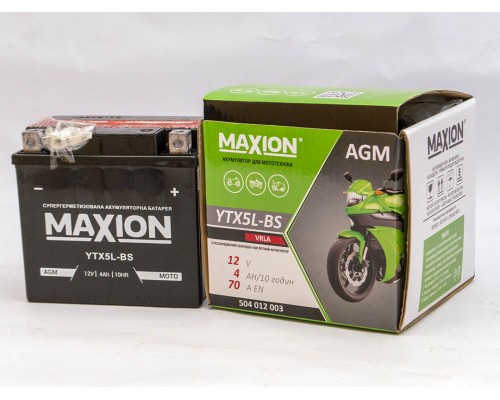 Акумулятор мотоциклетний 4Ah-12v Maxion YT5L-BS (113х70х105) AGM сухозаряджений, R, EN70 1623