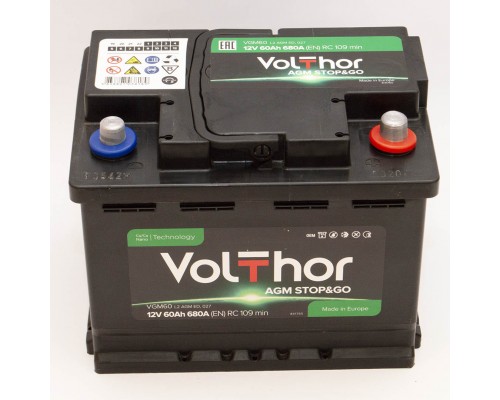 Акумулятор автомобільний 60Ah-12v Volthor AGM (242х175х190) Start Stop, R, EN680