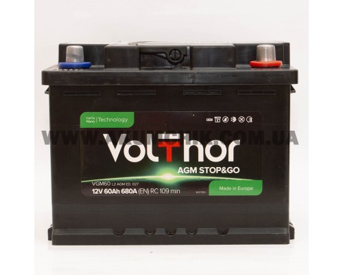 Акумулятор автомобільний 60Ah-12v Volthor AGM (242х175х190) Start Stop, R, EN680
