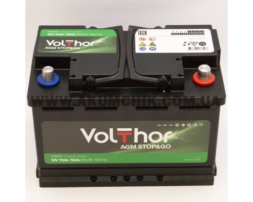 Акумулятор автомобільний 70Ah-12v Volthor AGM (278х175х190) Start Stop, R, EN760