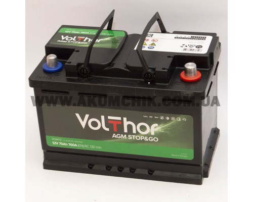 Акумулятор автомобільний 70Ah-12v Volthor AGM (278х175х190) Start Stop, R, EN760