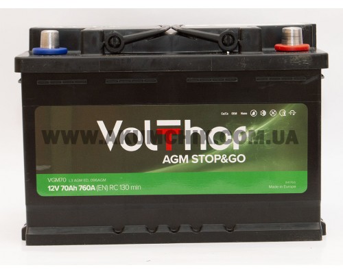 Акумулятор автомобільний 70Ah-12v Volthor AGM (278х175х190) Start Stop, R, EN760