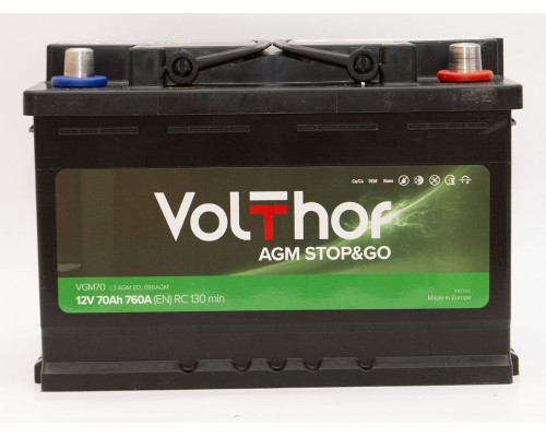 Акумулятор автомобільний 70Ah-12v Volthor AGM (278х175х190) Start Stop, R, EN760