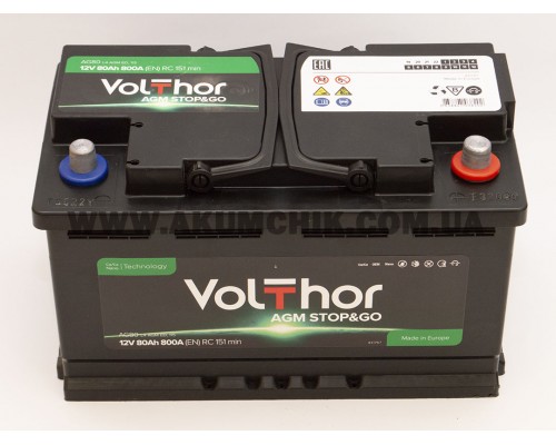 Акумулятор автомобільний 80Ah-12v Volthor AGM (315х175х190) Start Stop, R, EN800