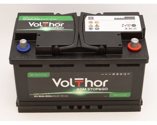 Акумулятор автомобільний 80Ah-12v Volthor AGM (315х175х190) Start Stop, R, EN800