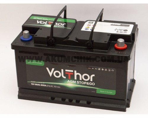 Акумулятор автомобільний 80Ah-12v Volthor AGM (315х175х190) Start Stop, R, EN800