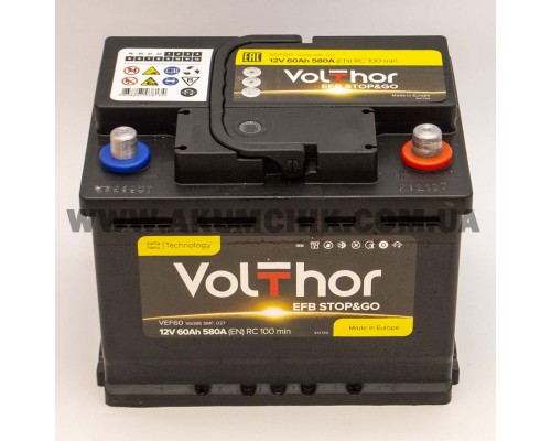Акумулятор автомобільний 60Ah-12v Volthor EFB (242х175х190) Start Stop, R, EN580