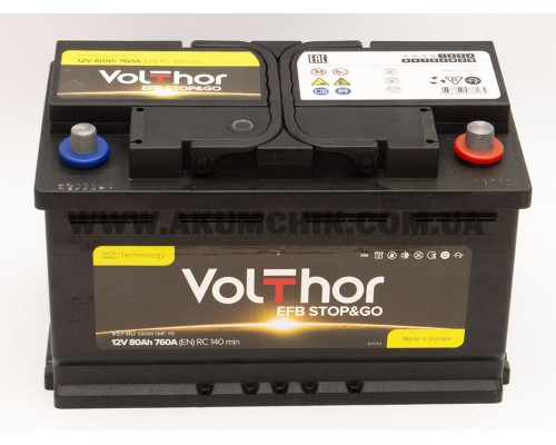 Акумулятор автомобільний 80Ah-12v Volthor EFB (315х175х190) Start Stop, R, EN760