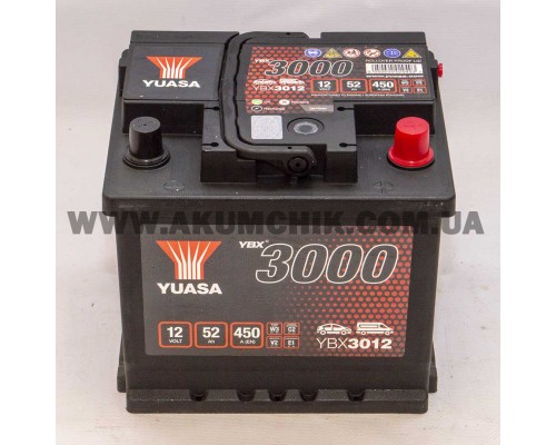 Акумулятор автомобільний 52Ah-12v Yuasa YBX3012 (207х175х190), R, EN450