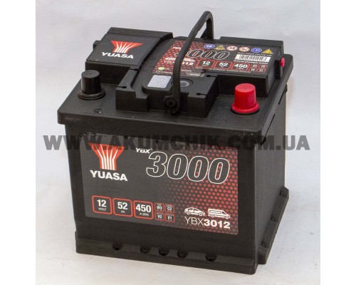Акумулятор автомобільний 52Ah-12v Yuasa YBX3012 (207х175х190), R, EN450