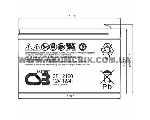 Аккумуляторная батарея CSB GP12120F2, 12V 12Ah (151х98х100мм)