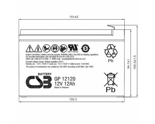 Акумуляторна батарея CSB GP12120F2, 12V 12Ah (151х98х100мм)