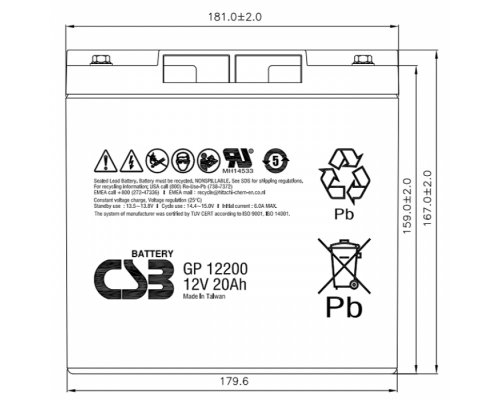 Акумуляторна батарея CSB GP12200, 12V 20Ah (181х77х167 мм)