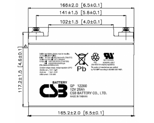 Акумуляторна батарея CSB GP12260, 12V 26Ah (166х175х125 мм)