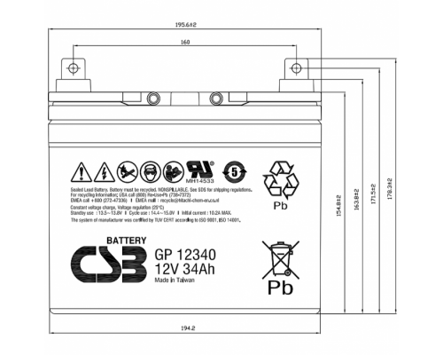 Акумуляторна батарея CSB GP12340, 12V 34Ah (195х130х155 мм)