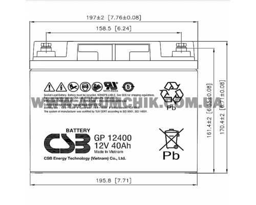 Акумуляторна батарея CSB GP12400, 12V 40Ah (197х167х170 мм)