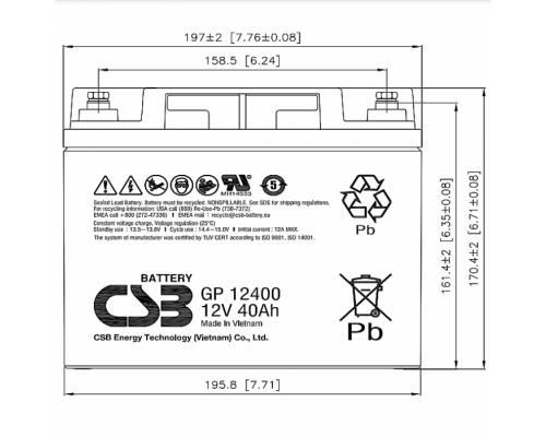Акумуляторна батарея CSB GP12400, 12V 40Ah (197х167х170 мм)