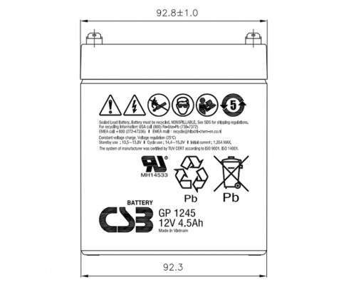 Акумуляторна батарея CSB GP1245 F1, 12V 4.5Ah (90 х70х100 (105))