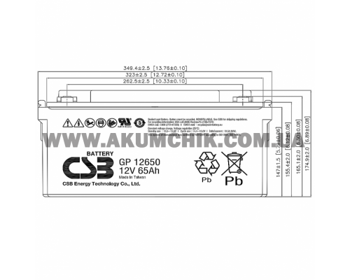 Акумуляторна батарея CSB GP12650, 12V 65Ah (350х166х174 мм)