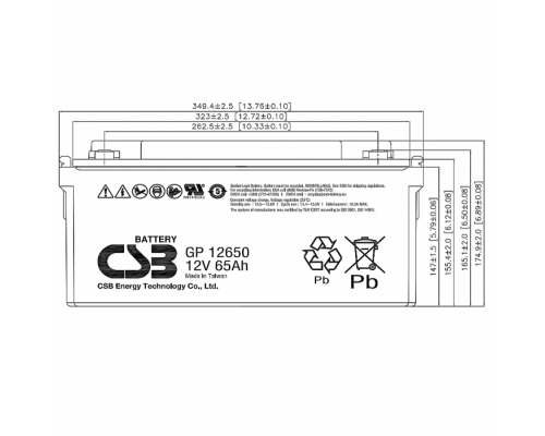 Акумуляторна батарея CSB GP12650, 12V 65Ah (350х166х174 мм)