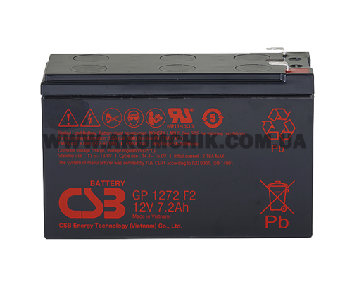 Акумуляторна батарея CSB GP1272F2, 12V 7,2Ah (151х65х100мм) 2,4кг