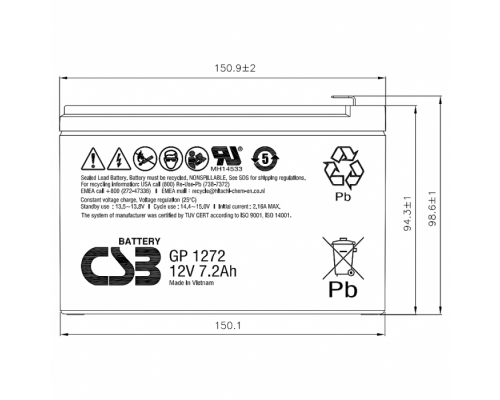 Акумуляторна батарея CSB GP1272F2, 12V 7,2Ah (151х65х100мм) 2,4кг