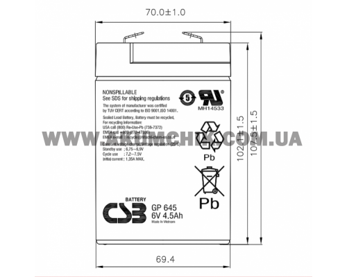 Акумуляторна батарея CSB GP645, 6V 4.5Ah (70 х 47 х 105 (110) )
