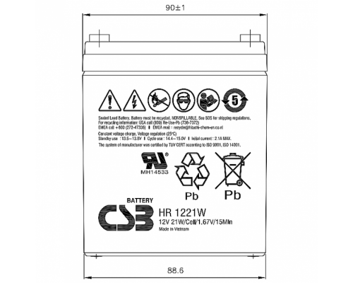 Акумуляторна батарея CSB HR1221WF2, 12V 5Ah (90 х70х100 (105))