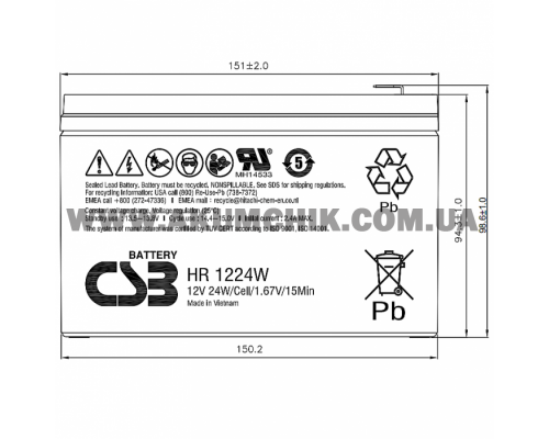 Акумуляторна батарея CSB HR1224WF2, 12V 6.5Ah (151*54*94)